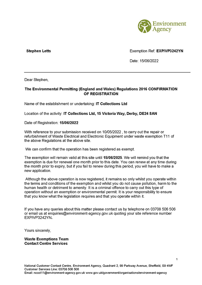 The Environmental Permitting(England and Wales) Regulations 2010 certificate