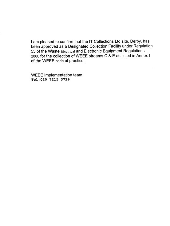 Designated Collection Facility Confirmation Letter